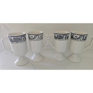 Walker China Vintage Footed Coffee Mugs Set of 4 Black White Floral Toile USA